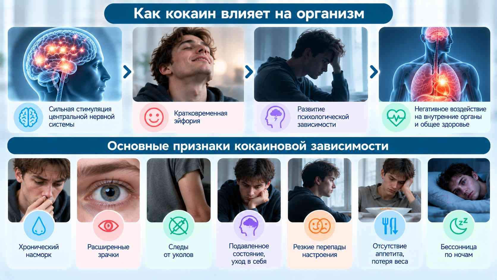 Кокаиновая зависимость — влияние на организм и основные признаки. Инфографика о влиянии кокаина на организм и признаках зависимости: хронический насморк, расширенные зрачки, перепады настроения, потеря аппетита и нарушения сна.